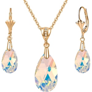 image:imageEVEVIC Austrian Crystals Teardrop Pendant Necklace Earrings for Women 14K Gold Plated Hypoallergenic Leverback Drop Dangle Earrings Jewelry SetAurora Borealis