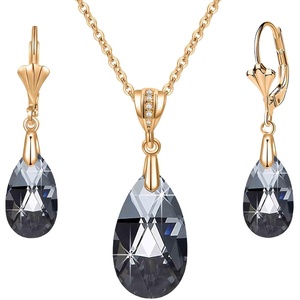 image:imageEVEVIC Austrian Crystals Teardrop Pendant Necklace Earrings for Women 14K Gold Plated Hypoallergenic Leverback Drop Dangle Earrings Jewelry SetBlack