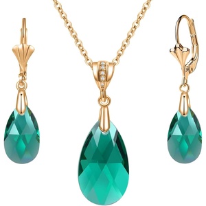 image:imageEVEVIC Austrian Crystals Teardrop Pendant Necklace Earrings for Women 14K Gold Plated Hypoallergenic Leverback Drop Dangle Earrings Jewelry SetEmerald