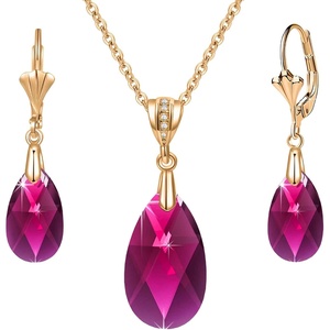 image:imageEVEVIC Austrian Crystals Teardrop Pendant Necklace Earrings for Women 14K Gold Plated Hypoallergenic Leverback Drop Dangle Earrings Jewelry SetFuchsia
