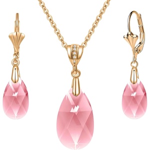 image:imageEVEVIC Austrian Crystals Teardrop Pendant Necklace Earrings for Women 14K Gold Plated Hypoallergenic Leverback Drop Dangle Earrings Jewelry SetPink