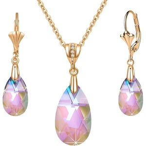 image:imageEVEVIC Austrian Crystals Teardrop Pendant Necklace Earrings for Women 14K Gold Plated Hypoallergenic Leverback Drop Dangle Earrings Jewelry SetRainbow