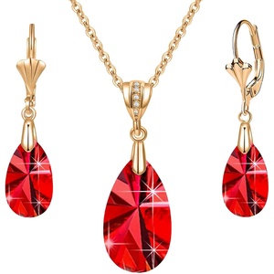 image:imageEVEVIC Austrian Crystals Teardrop Pendant Necklace Earrings for Women 14K Gold Plated Hypoallergenic Leverback Drop Dangle Earrings Jewelry SetRed