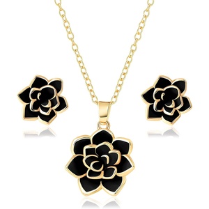 image:imageEVEVIC Lotus Flower Necklace Earrings Set for Women 14K Gold Plated Hypoallergenic Jewelry SetsBlack Rose Goldtone