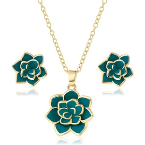 image:imageEVEVIC Lotus Flower Necklace Earrings Set for Women 14K Gold Plated Hypoallergenic Jewelry SetsGreen Rose Goldtone