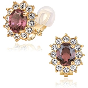 image:imageEVEVIC Oval Austrian Crystal Halo Clip On Earrings for Women  Oval Austrian Crystal with Zircon Halo14K GoldPlatedSilicone Comfort PadGift Box IncludedFor Daily and Evening EventsAntique Pink