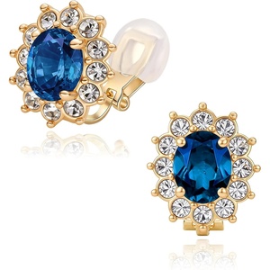 image:imageEVEVIC Oval Austrian Crystal Halo Clip On Earrings for Women  Oval Austrian Crystal with Zircon Halo14K GoldPlatedSilicone Comfort PadGift Box IncludedFor Daily and Evening EventsDark Blue