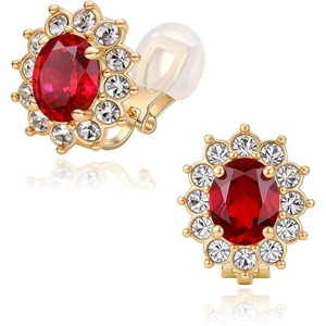 image:imageEVEVIC Oval Austrian Crystal Halo Clip On Earrings for Women  Oval Austrian Crystal with Zircon Halo14K GoldPlatedSilicone Comfort PadGift Box IncludedFor Daily and Evening EventsRed
