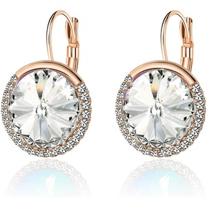 image:imageEVEVIC Round Austrian Crystal Halo Drop Leverback Earrings for Women  14K GoldPlated Brass Brilliant Faceted Center Sparkling CZ Border Secure EasyOn Closure GiftReady PackagingWhite
