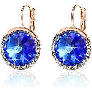 image:imageEVEVIC Round Austrian Crystal Halo Drop Leverback Earrings for Women  14K GoldPlated Brass Brilliant Faceted Center Sparkling CZ Border Secure EasyOn Closure GiftReady PackagingBlue