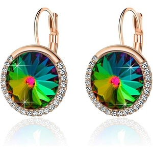 image:imageEVEVIC Round Austrian Crystal Halo Drop Leverback Earrings for Women  14K GoldPlated Brass Brilliant Faceted Center Sparkling CZ Border Secure EasyOn Closure GiftReady PackagingVitrail Medium