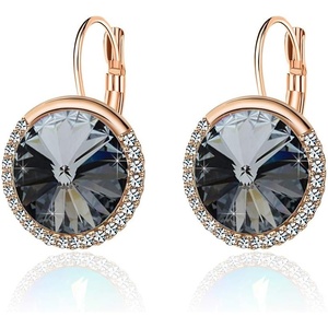 image:imageEVEVIC Round Austrian Crystal Halo Drop Leverback Earrings for Women  14K GoldPlated Brass Brilliant Faceted Center Sparkling CZ Border Secure EasyOn Closure GiftReady PackagingGreyBlack