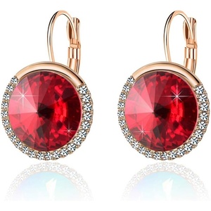 image:imageEVEVIC Round Austrian Crystal Halo Drop Leverback Earrings for Women  14K GoldPlated Brass Brilliant Faceted Center Sparkling CZ Border Secure EasyOn Closure GiftReady PackagingRed