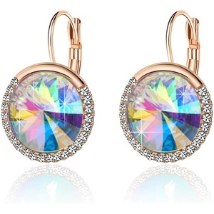 image:imageEVEVIC Round Austrian Crystal Halo Drop Leverback Earrings for Women  14K GoldPlated Brass Brilliant Faceted Center Sparkling CZ Border Secure EasyOn Closure GiftReady PackagingAurora Borealis