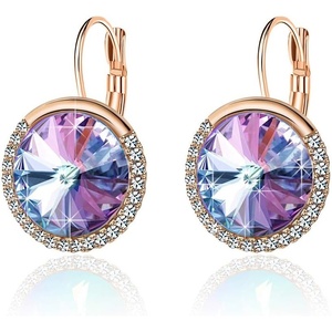 image:imageEVEVIC Round Austrian Crystal Halo Drop Leverback Earrings for Women  14K GoldPlated Brass Brilliant Faceted Center Sparkling CZ Border Secure EasyOn Closure GiftReady PackagingVitrail Light