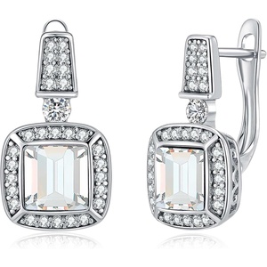 image:imageEVEVIC Square Austrian Crystal Earrings Halo Leverback Drop 14k White Gold Plated Earrings for Women Hypoallergenic Jewelry GiftWhite