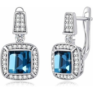 image:imageEVEVIC Square Austrian Crystal Earrings Halo Leverback Drop 14k White Gold Plated Earrings for Women Hypoallergenic Jewelry Giftblue