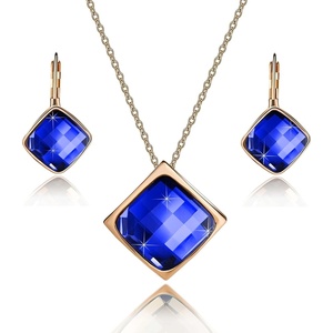 image:imageEVEVIC Square Austrian Crystal Necklace Earrings for Women Fashion 18K Gold Plated Hypoallergenic Jewelry SetBermuda Blue