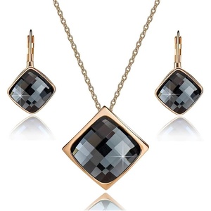 image:imageEVEVIC Square Austrian Crystal Necklace Earrings for Women Fashion 18K Gold Plated Hypoallergenic Jewelry SetBlack