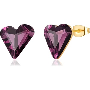 image:imageFashion Austrian Crystal Heart Stud Earrings for Women 14K Gold Plated Hypoallergenic Formal Jewelry GiftPurple