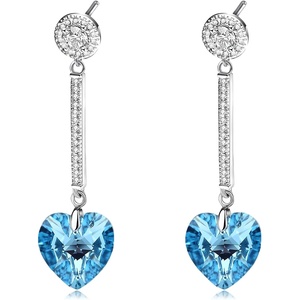 image:imageHeart Austrian Crystal Drop Long Dangling Earrings for Women 925 Sterling Silver Post Hypoallergenic JewelryAquamarine