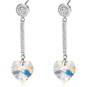 image:imageHeart Austrian Crystal Drop Long Dangling Earrings for Women 925 Sterling Silver Post Hypoallergenic JewelryAurora Borealis