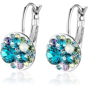 image:imageMulticolored Austrian Crystal Leverback Earrings for Women 14K Gold Plated Dangle Hoop Earrings Hypoallergenic JewelryBlue Green CrystalsSilvertone