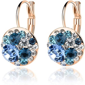 image:imageMulticolored Austrian Crystal Leverback Earrings for Women 14K Gold Plated Dangle Hoop Earrings Hypoallergenic JewelryBlue Main CrystalRose Goldtone