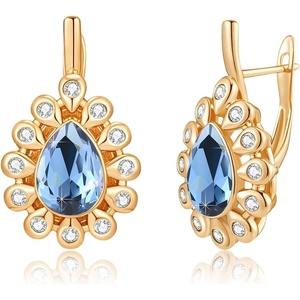 image:imageStunning Austrian Crystal Halo Teardrop Leverback Drop Earrings for Women 14K Gold Plated Hypoallergenic JewelryDark Blue