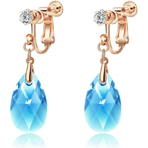 image:imageTeardrop Austrian Crystal Drop Clip On Dangle Earrings for Women Non Pierced 14K Rose Gold Plated Hypoallergenic JewelryAquamarine