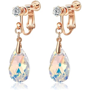 image:imageTeardrop Austrian Crystal Drop Clip On Dangle Earrings for Women Non Pierced 14K Rose Gold Plated Hypoallergenic JewelryAurora Borealis