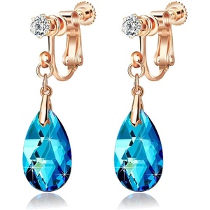 image:imageTeardrop Austrian Crystal Drop Clip On Dangle Earrings for Women Non Pierced 14K Rose Gold Plated Hypoallergenic JewelryBermuda Blue
