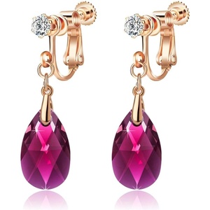 image:imageTeardrop Austrian Crystal Drop Clip On Dangle Earrings for Women Non Pierced 14K Rose Gold Plated Hypoallergenic JewelryFuchsia