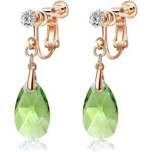 image:imageTeardrop Austrian Crystal Drop Clip On Dangle Earrings for Women Non Pierced 14K Rose Gold Plated Hypoallergenic JewelryGreen