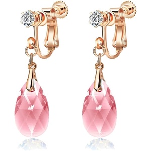 image:imageTeardrop Austrian Crystal Drop Clip On Dangle Earrings for Women Non Pierced 14K Rose Gold Plated Hypoallergenic JewelryPink