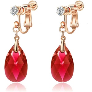 image:imageTeardrop Austrian Crystal Drop Clip On Dangle Earrings for Women Non Pierced 14K Rose Gold Plated Hypoallergenic JewelryRed