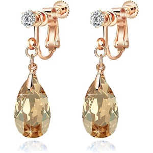 image:imageTeardrop Austrian Crystal Drop Clip On Dangle Earrings for Women Non Pierced 14K Rose Gold Plated Hypoallergenic JewelryTopaz