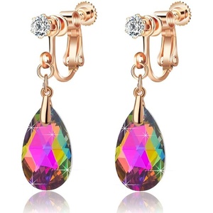 image:imageTeardrop Austrian Crystal Drop Clip On Dangle Earrings for Women Non Pierced 14K Rose Gold Plated Hypoallergenic JewelryVitrail Medium