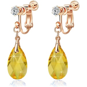 image:imageTeardrop Austrian Crystal Drop Clip On Dangle Earrings for Women Non Pierced 14K Rose Gold Plated Hypoallergenic JewelryYellow Golden