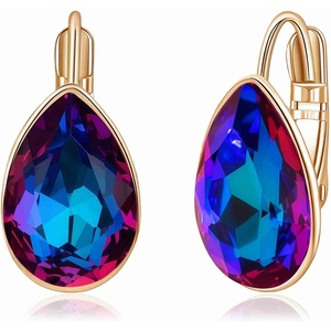 image:imageTeardrop Austrian Crystal Leverback Drop Earrings for Women 14K Rose Gold Plated Hypoallergenic JewelryBlueViolet