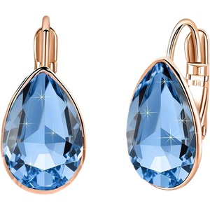 image:imageTeardrop Austrian Crystal Leverback Drop Earrings for Women 14K Rose Gold Plated Hypoallergenic JewelryDenim Blue