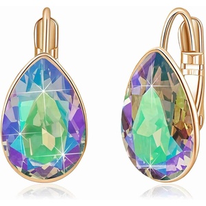 image:imageTeardrop Austrian Crystal Leverback Drop Earrings for Women 14K Rose Gold Plated Hypoallergenic JewelryRainbow