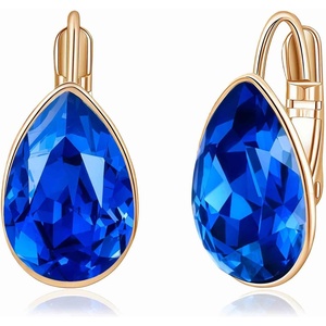image:imageTeardrop Austrian Crystal Leverback Drop Earrings for Women 14K Rose Gold Plated Hypoallergenic JewelrySapphire