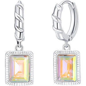image:imageTrendy Austrian Crystal Rectangle Drop Leverback Earrings for Women 14k White Gold Plated Huggie Earring Hypoallergenic Jewelry GiftAurora Borealis