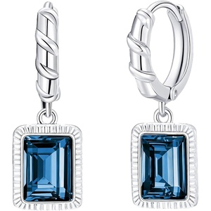 image:imageTrendy Austrian Crystal Rectangle Drop Leverback Earrings for Women 14k White Gold Plated Huggie Earring Hypoallergenic Jewelry GiftDark Blue