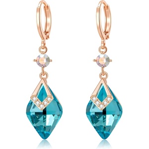 image:imageTrendy Austrian Crystal Rhombus Drop Huggie Dangle Earrings for Women 14k Rose Gold Plated Hypoallergenic Jewelry GiftsAquamarine
