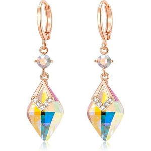 image:imageTrendy Austrian Crystal Rhombus Drop Huggie Dangle Earrings for Women 14k Rose Gold Plated Hypoallergenic Jewelry GiftsAurora Borealis