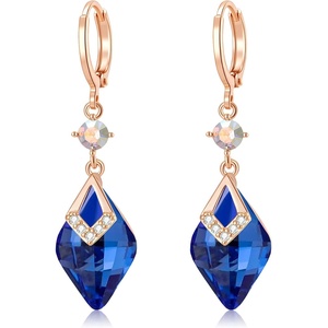 image:imageTrendy Austrian Crystal Rhombus Drop Huggie Dangle Earrings for Women 14k Rose Gold Plated Hypoallergenic Jewelry GiftsBermuda Blue