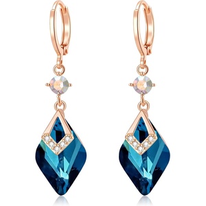 image:imageTrendy Austrian Crystal Rhombus Drop Huggie Dangle Earrings for Women 14k Rose Gold Plated Hypoallergenic Jewelry GiftsDark Blue