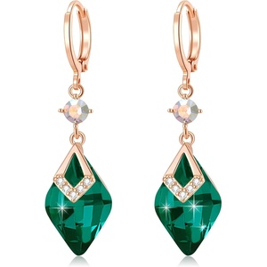 image:imageTrendy Austrian Crystal Rhombus Drop Huggie Dangle Earrings for Women 14k Rose Gold Plated Hypoallergenic Jewelry GiftsEmerald